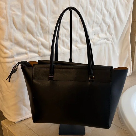 Tory Burch Large Black Leather Tote | Classic Medallion Logo | Everyday Carryall - Picture 2 of 4